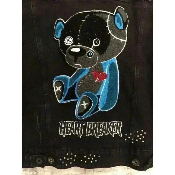Kloud9 Unisex Medium Black Denim Jacket Destroyed Logo Heartbreaker Embellished - Picture 7 of 11